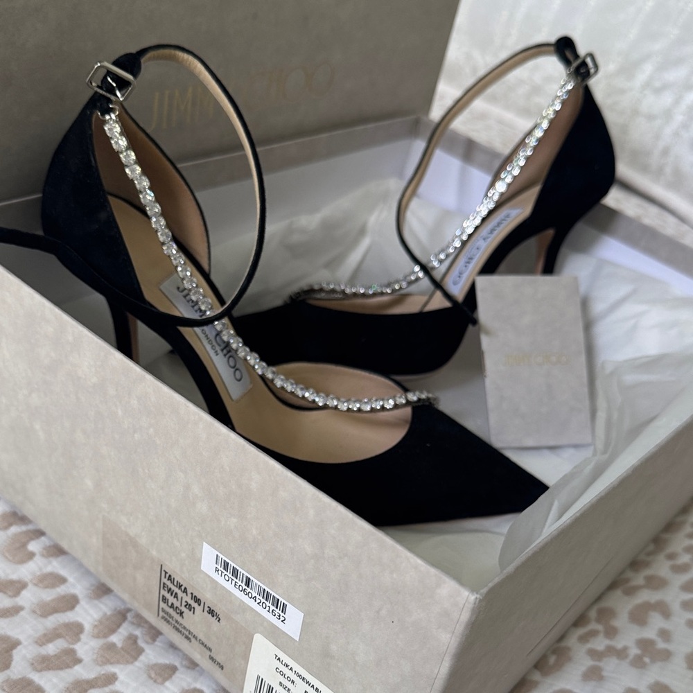 Jimmy Choo Talika Suede Black Heels with Crystal Accents